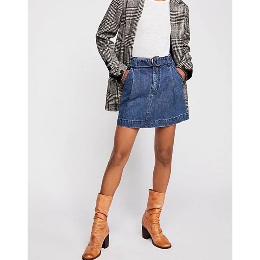 FREE PEOPLE | Denim Mini Skirt Womens 30 Blue Belted Pleated A-Line Casual Boho